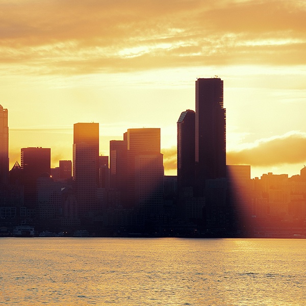 Seattle sunrise with downtown building silhouette